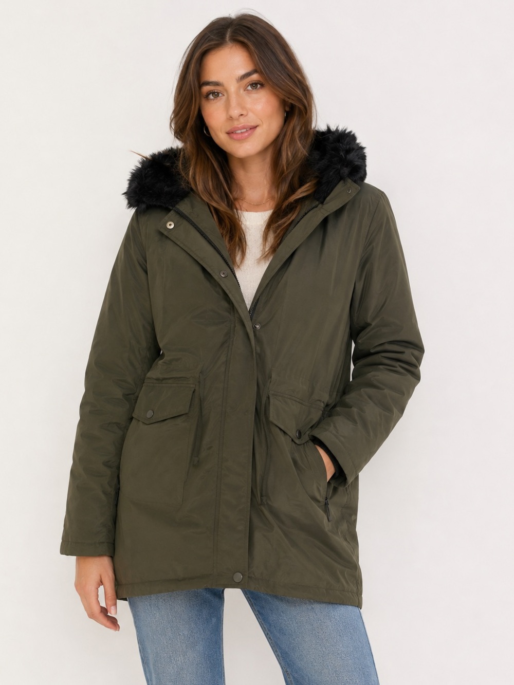 Marc New York Olive Green Faux Fur Hooded Utility Parka Coat Medium